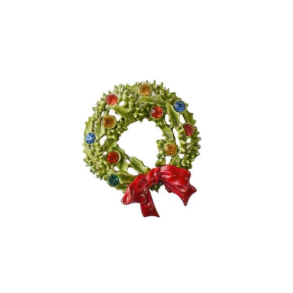 1960s ART Enamel on Metal Multi Color Rhinestone Christmas Wreath Pin Brooch - Picture 3 of 3